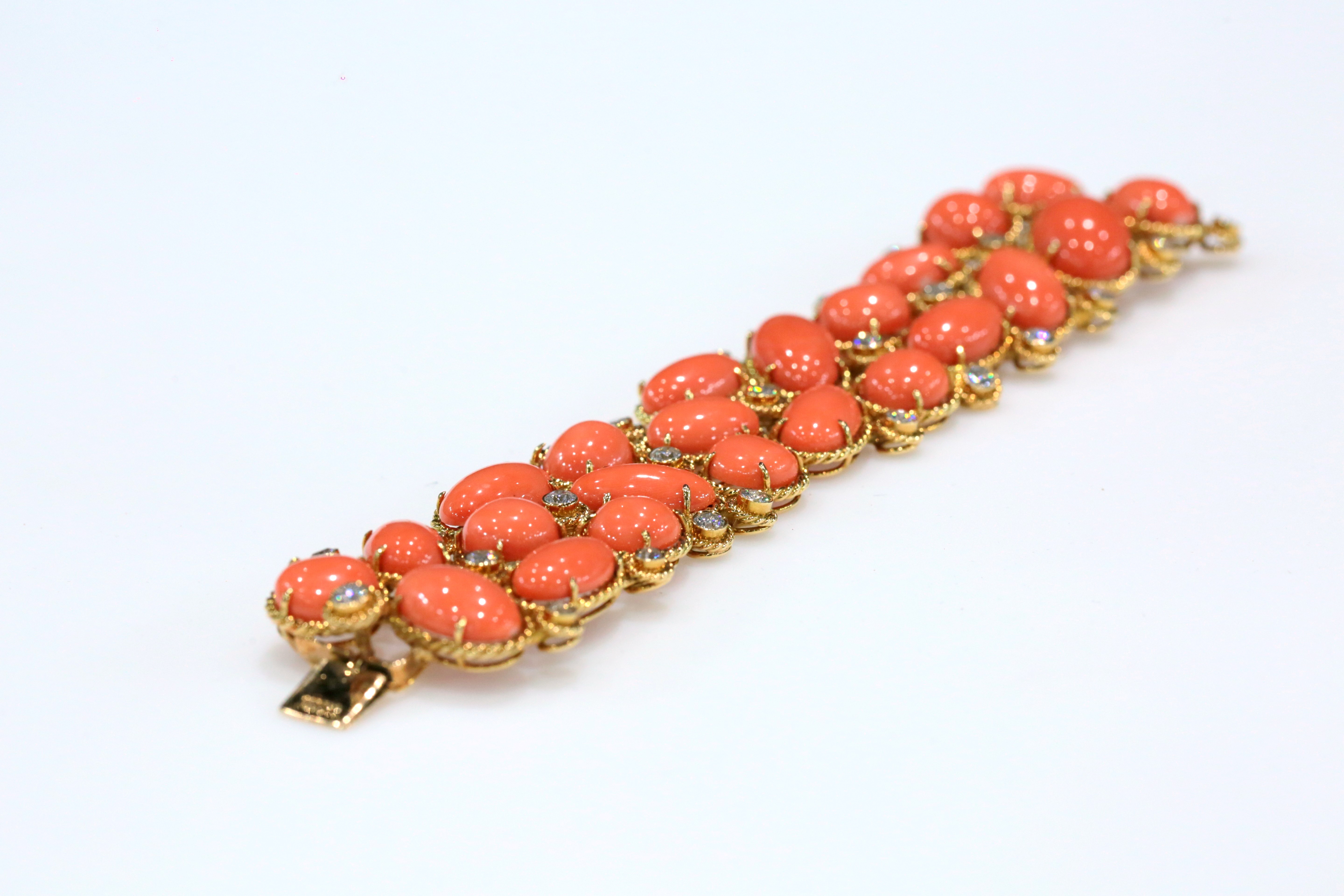 Vintage Van Cleef & Arpels coral and diamond wide bracelet from 1970
